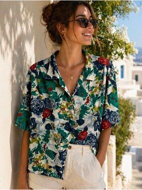 Vintage colorful Floral Button-Down abstract Shirt xlarge